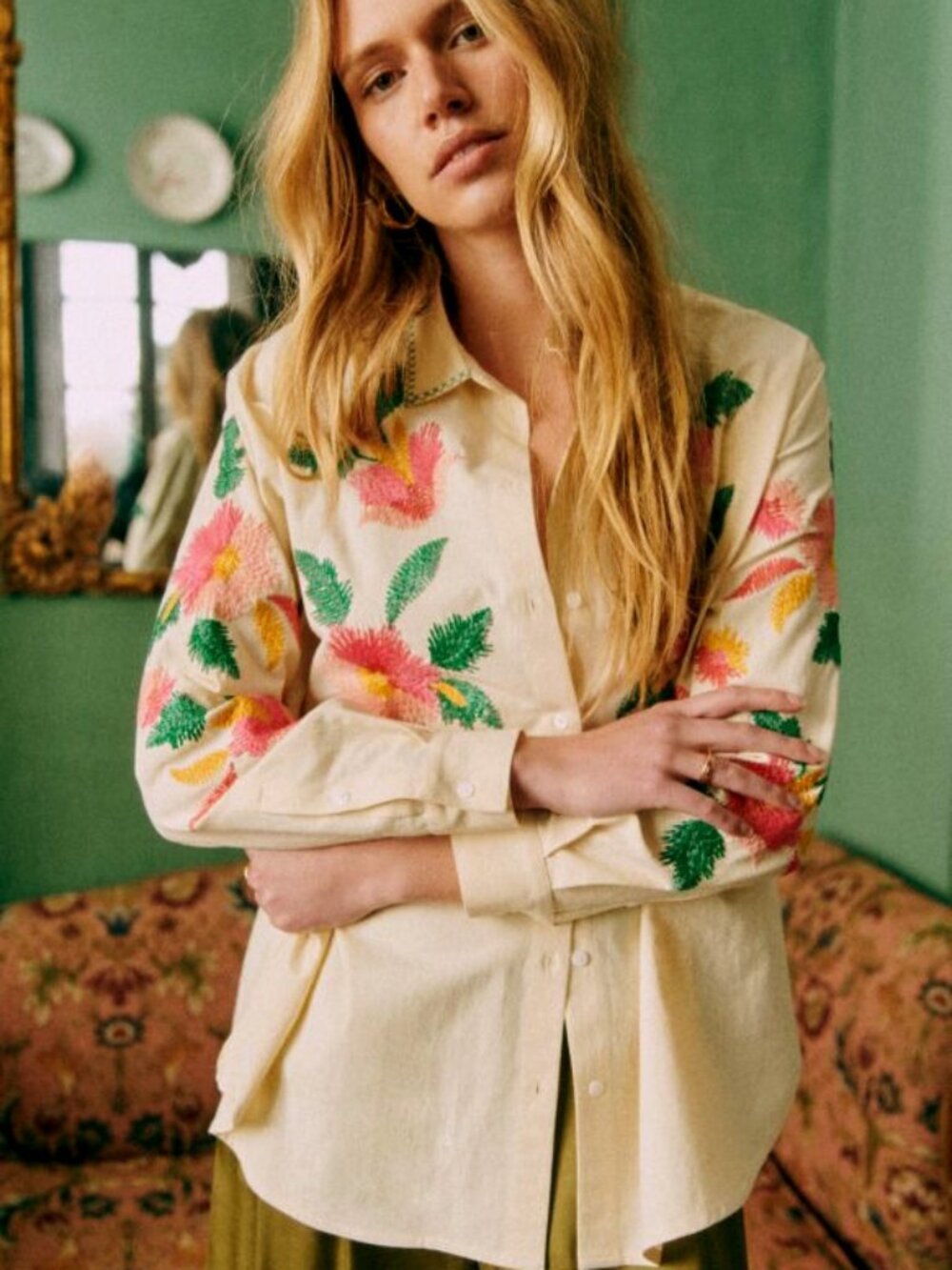 New Sezane Maxy Embroidered Cotton Shirt Beige Pink 38, 6